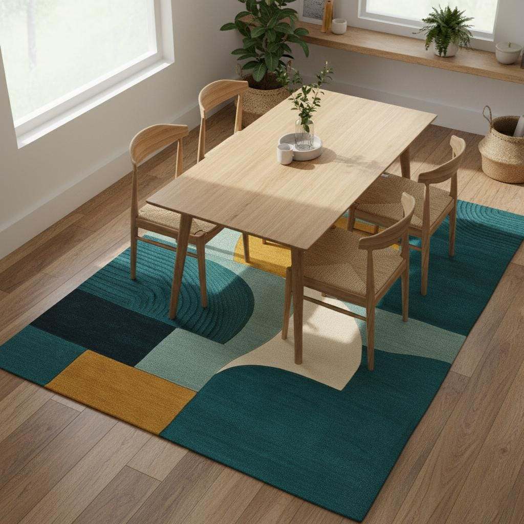 Hand-Tufted Wool Rug: Modern Abstract Teal and Mustard Carpet