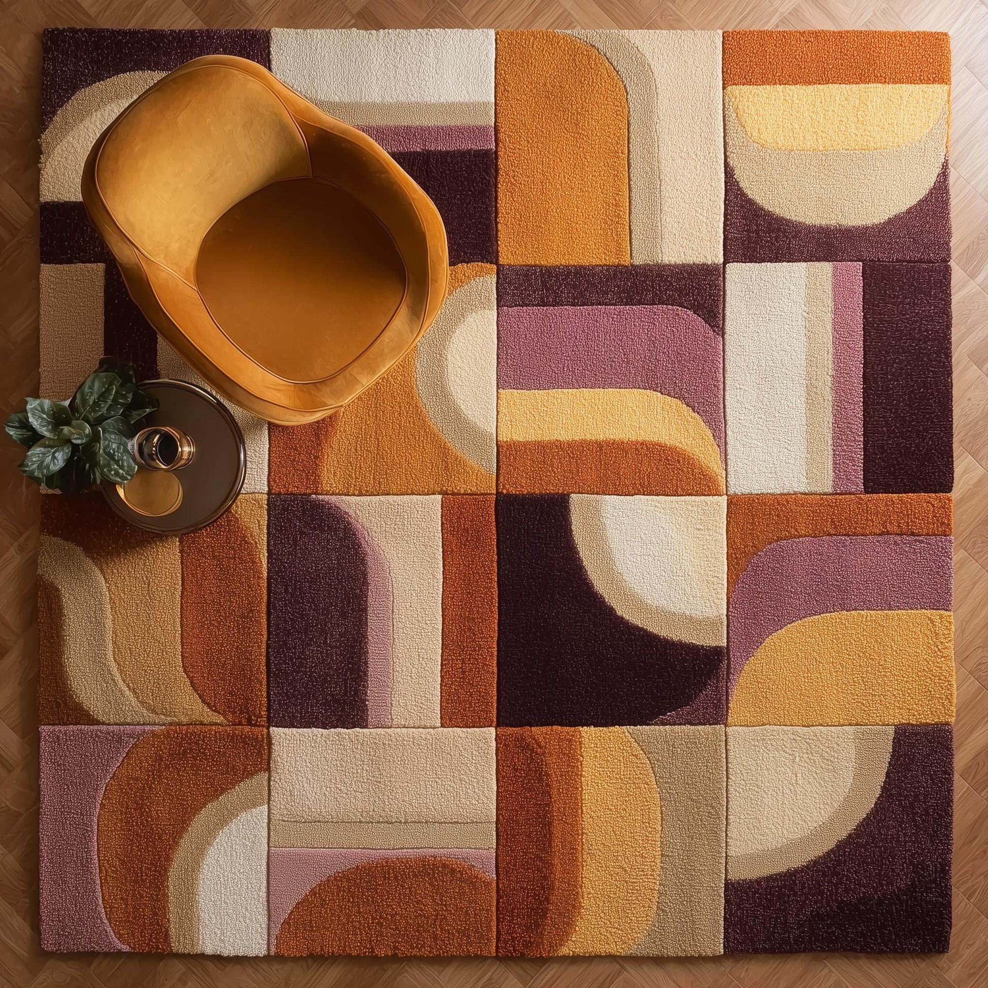 Hand-tufted wool rug with geometric mid-century design in mustard, terracotta, and plum colors