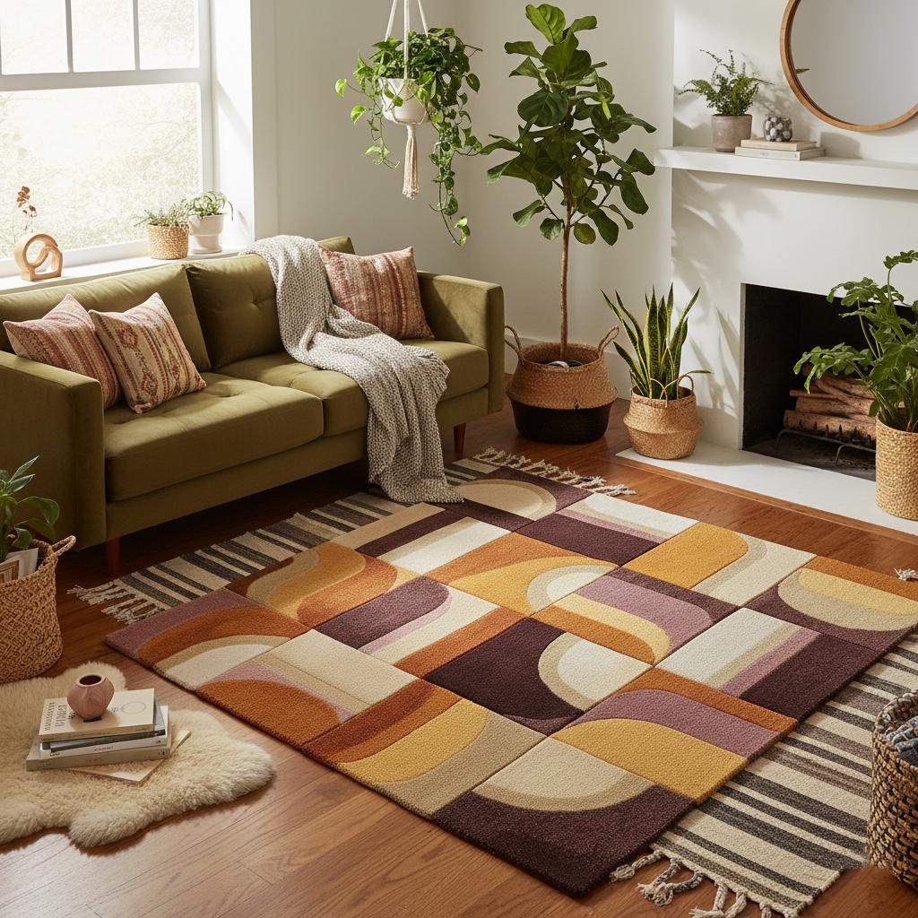 Hand-tufted Geometric Wool Rug — Mid-Century Modern Abstract Area Rug, Mustard Terracotta Plum, 5x7 6x9 7x10, Living Room Statement Decor