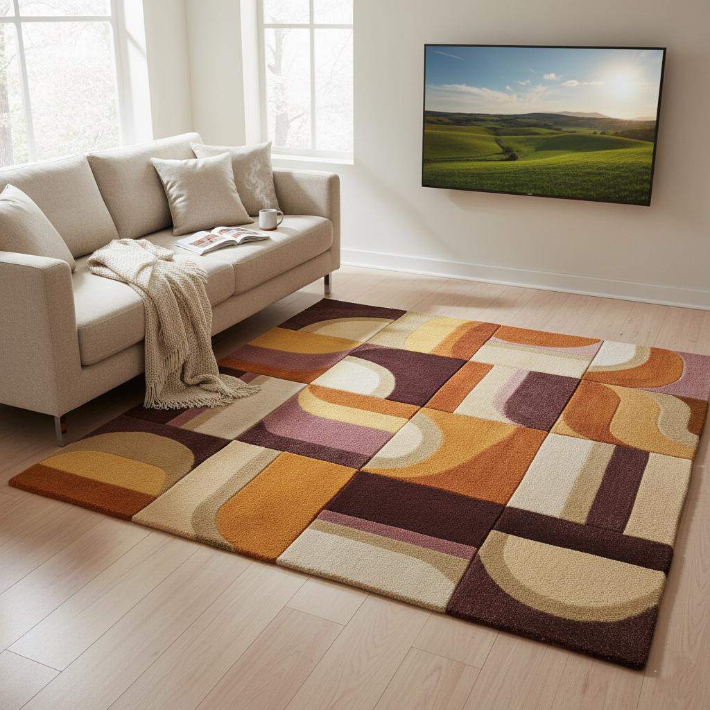 Hand-tufted Geometric Wool Rug — Mid-Century Modern Abstract Area Rug, Mustard Terracotta Plum, 5x7 6x9 7x10, Living Room Statement Decor