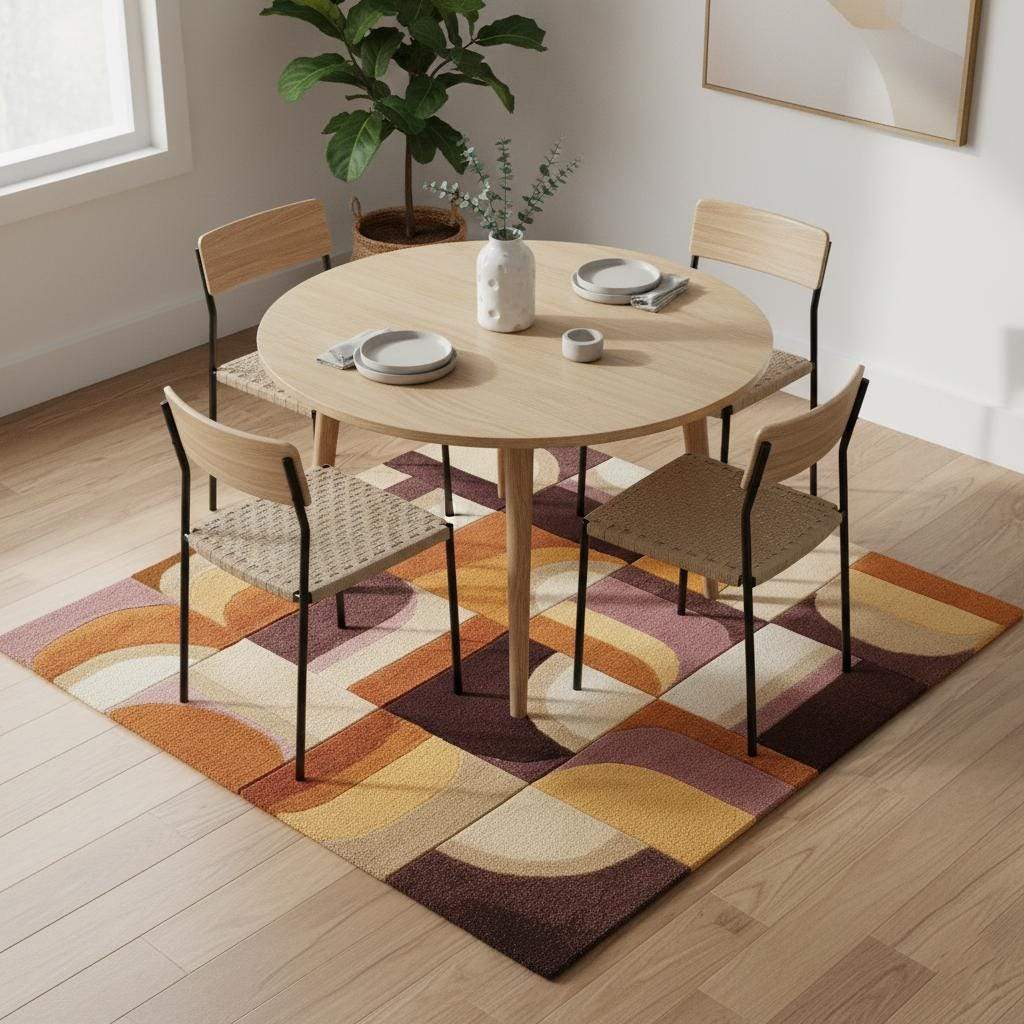 Hand-tufted Geometric Wool Rug — Mid-Century Modern Abstract Area Rug, Mustard Terracotta Plum, 5x7 6x9 7x10, Living Room Statement Decor