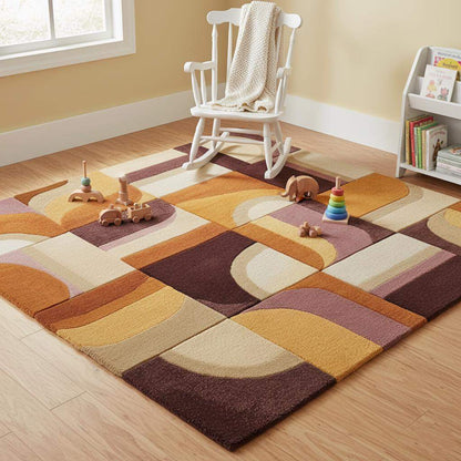Hand-tufted Geometric Wool Rug — Mid-Century Modern Abstract Area Rug, Mustard Terracotta Plum, 5x7 6x9 7x10, Living Room Statement Decor