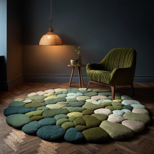 Hand-tufted pebble rug in layered green tones with thick texture and round shape for cozy boho living spaces