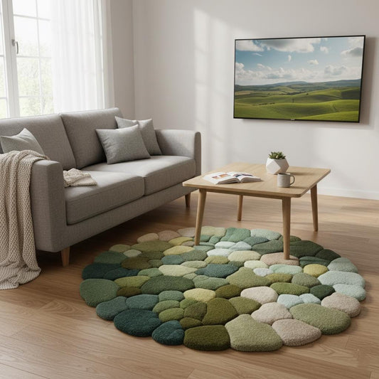 Hand-tufted Pebble Round Rug — Thick Textured Green Area Rug for Living Room, Cozy Accent Rug, Modern Boho Carpet — Handcrafted Teppich