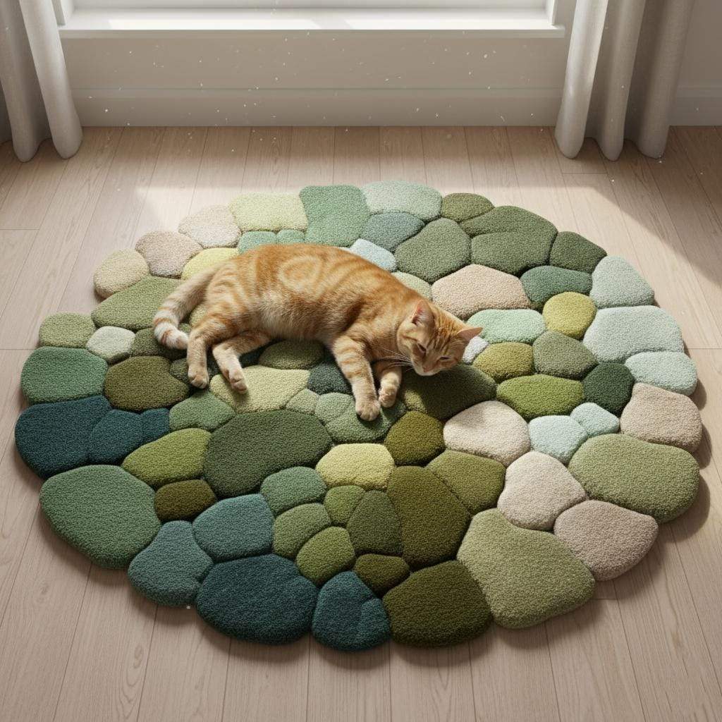 Hand-tufted Pebble Round Rug — Thick Textured Green Area Rug for Living Room, Cozy Accent Rug, Modern Boho Carpet — Handcrafted Teppich