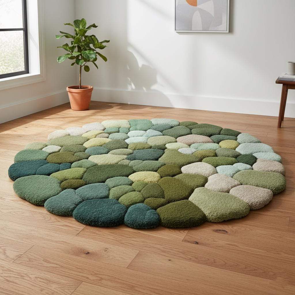 Hand-tufted Pebble Round Rug — Thick Textured Green Area Rug for Living Room, Cozy Accent Rug, Modern Boho Carpet — Handcrafted Teppich