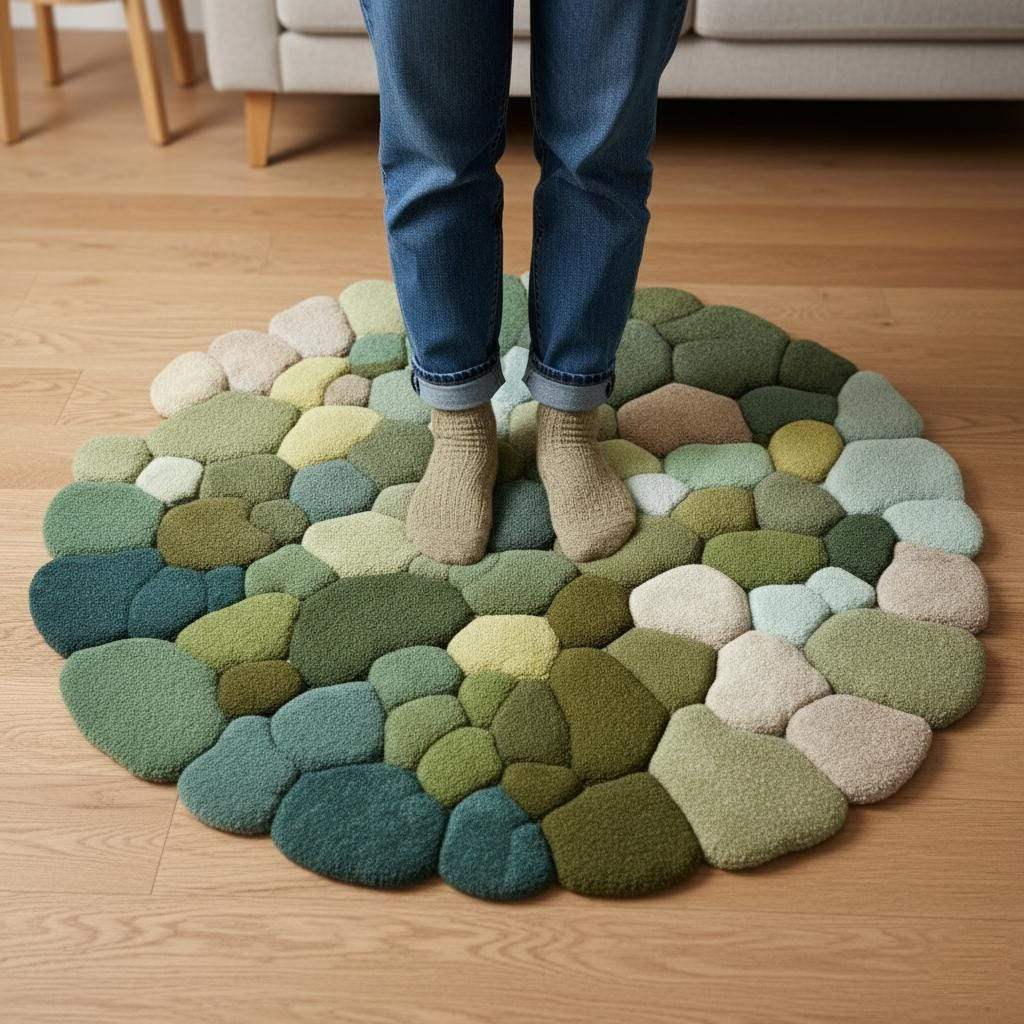 Hand-tufted Pebble Round Rug — Thick Textured Green Area Rug for Living Room, Cozy Accent Rug, Modern Boho Carpet — Handcrafted Teppich