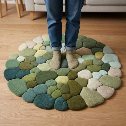 Hand-tufted Pebble Round Rug — Thick Textured Green Area Rug for Living Room, Cozy Accent Rug, Modern Boho Carpet — Handcrafted Teppich