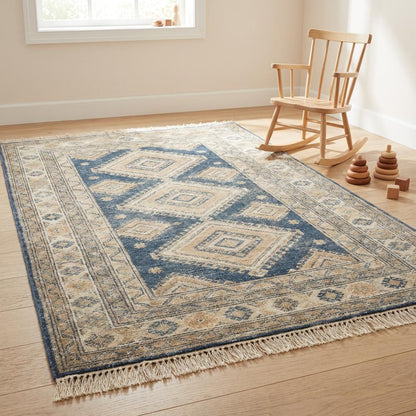 Authentic hand knotted wool rug with natural fringe and timeless geometric pattern