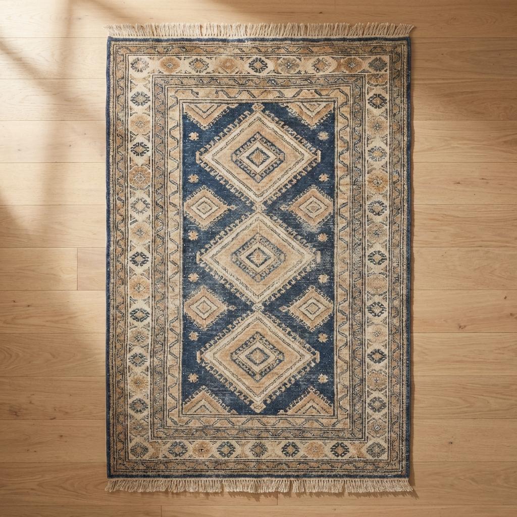 Low pile hand knotted rug ideal for living room or bedroom with classic woven border