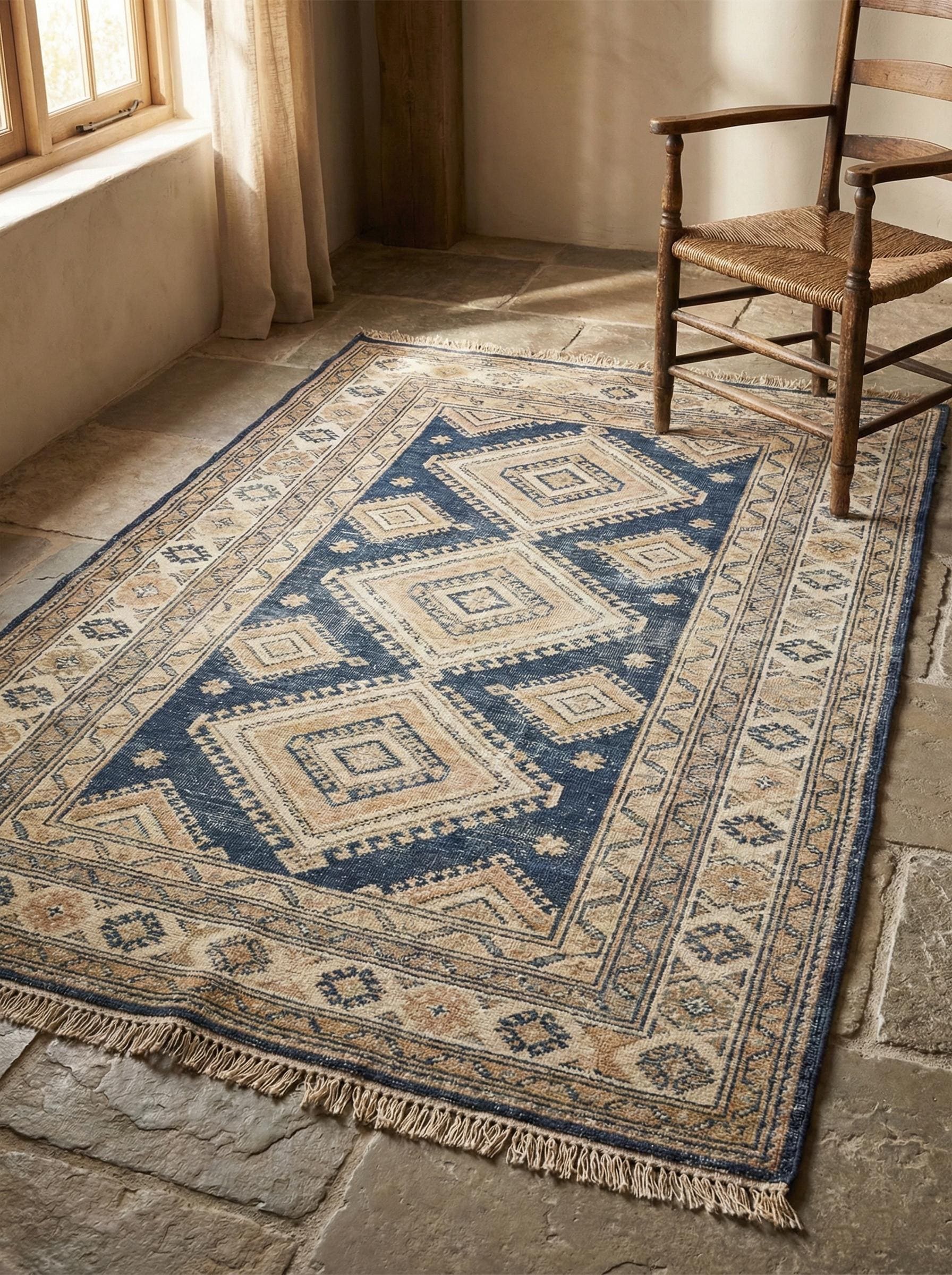 Hand knotted blue geometric wool rug with diamond pattern and natural fringe for living room