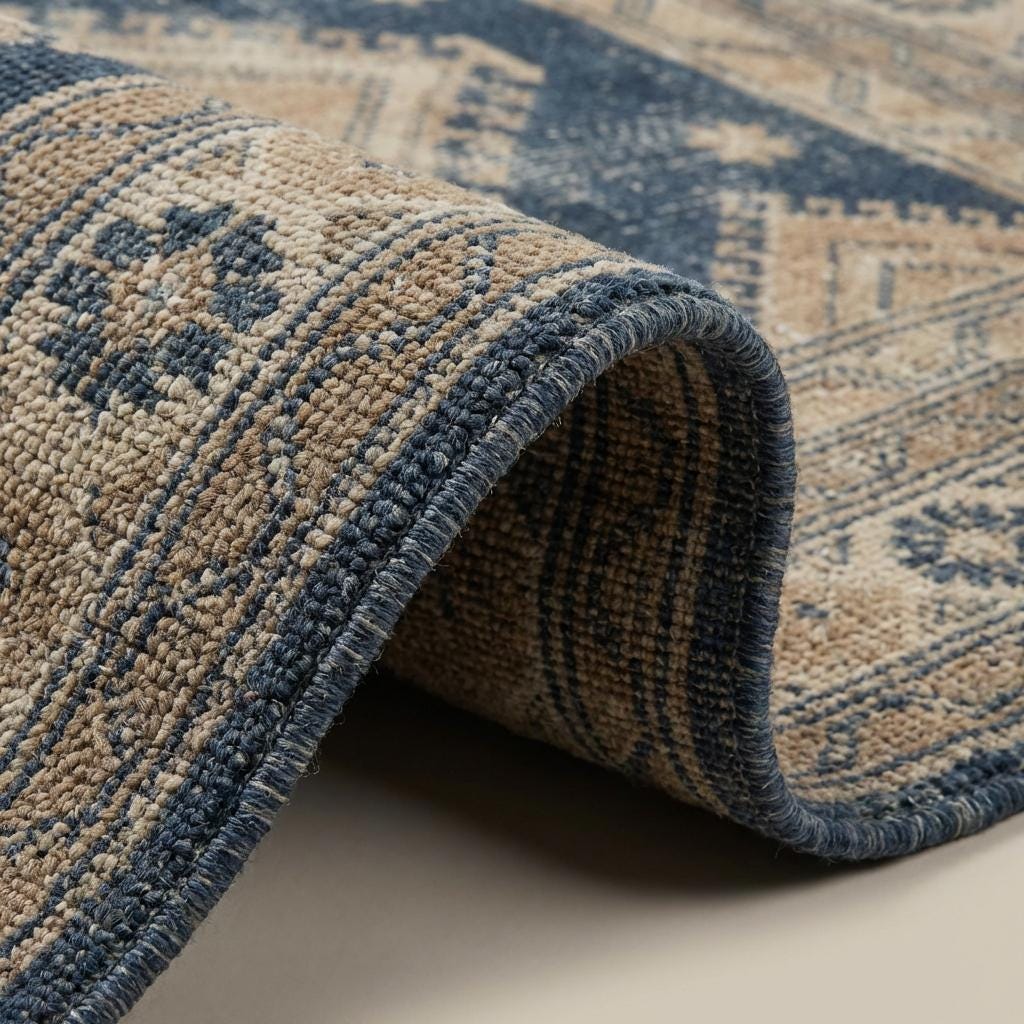 Close-up of hand knotted wool rug showing individual knots, dense pile, and natural fiber texture