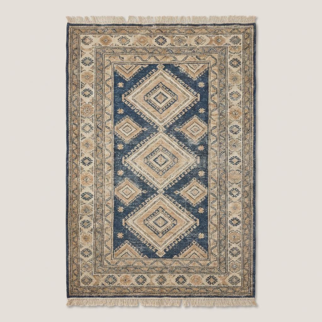 Traditional blue and ivory hand knotted rug with diamond geometric pattern and artisan detailing