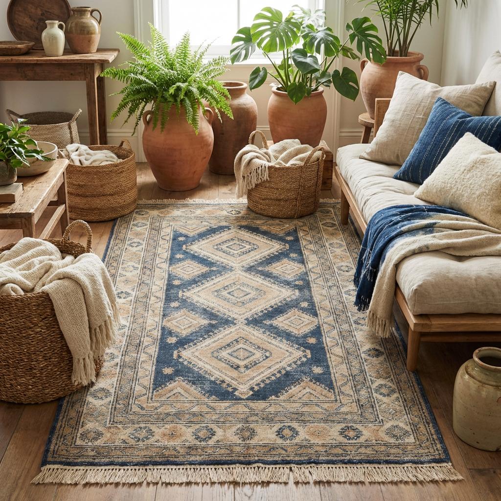 Handmade wool area rug with tribal geometric design in muted blue and beige tones