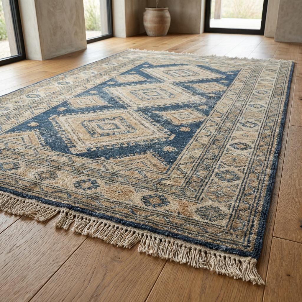 Hand Knotted Blue Geometric Wool Area Rug for Living Room
