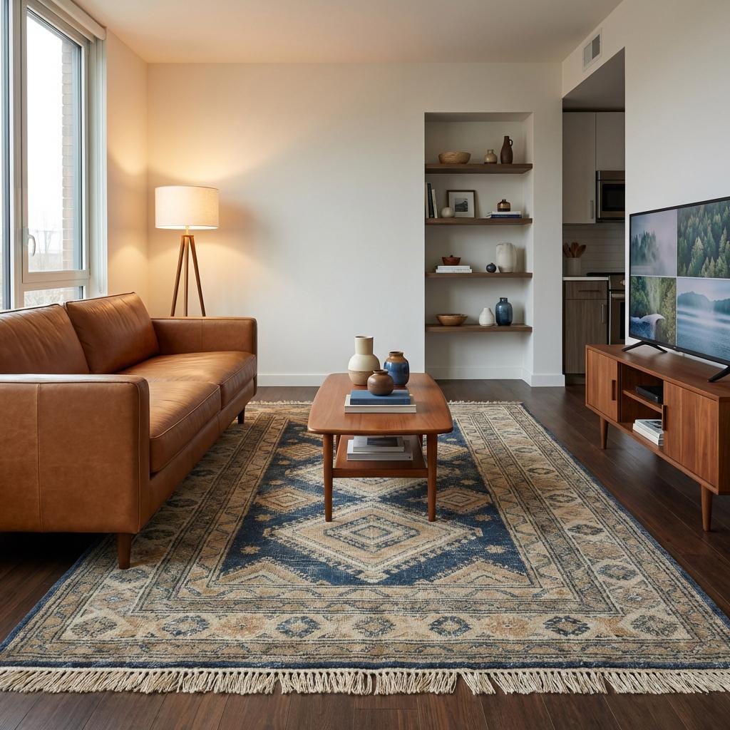 Hand Knotted Blue Geometric Wool Area Rug for Living Room