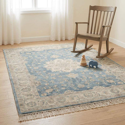 Hand Knotted Blue Oushak Wool Area Rug for Living Room