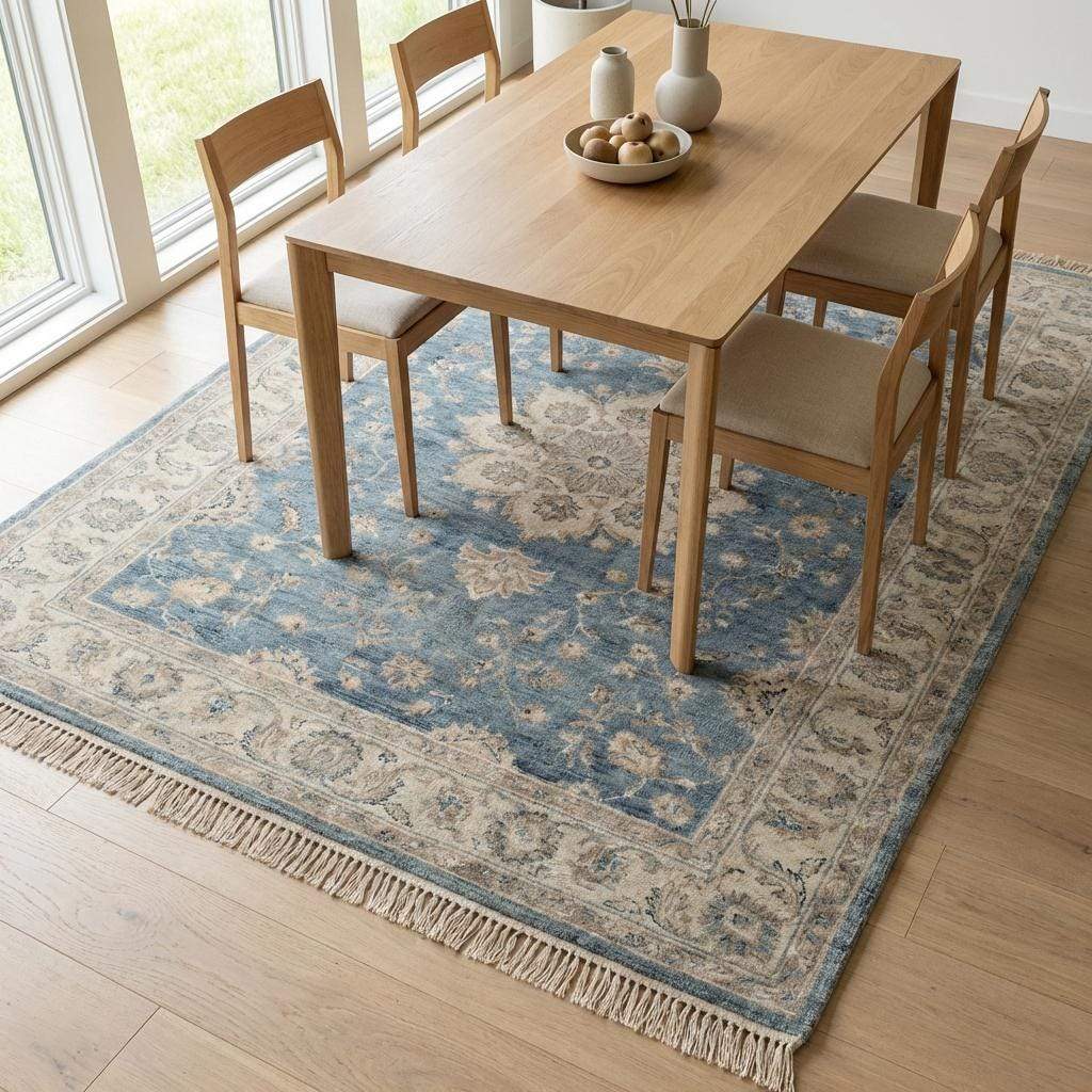 Hand Knotted Blue Oushak Wool Area Rug for Living Room