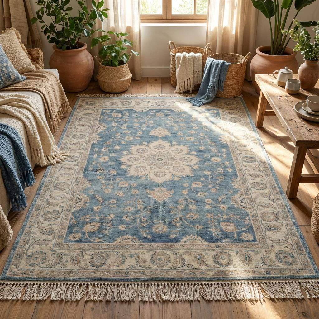 Traditional Oushak rug with central medallion in dusty blue and ivory tones