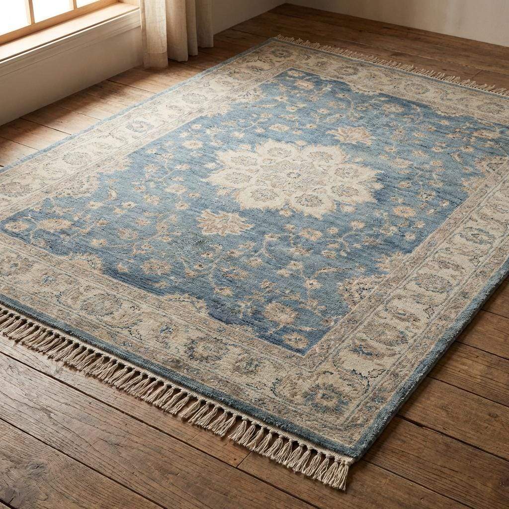 Artisan made wool area rug featuring floral motifs and classic border design