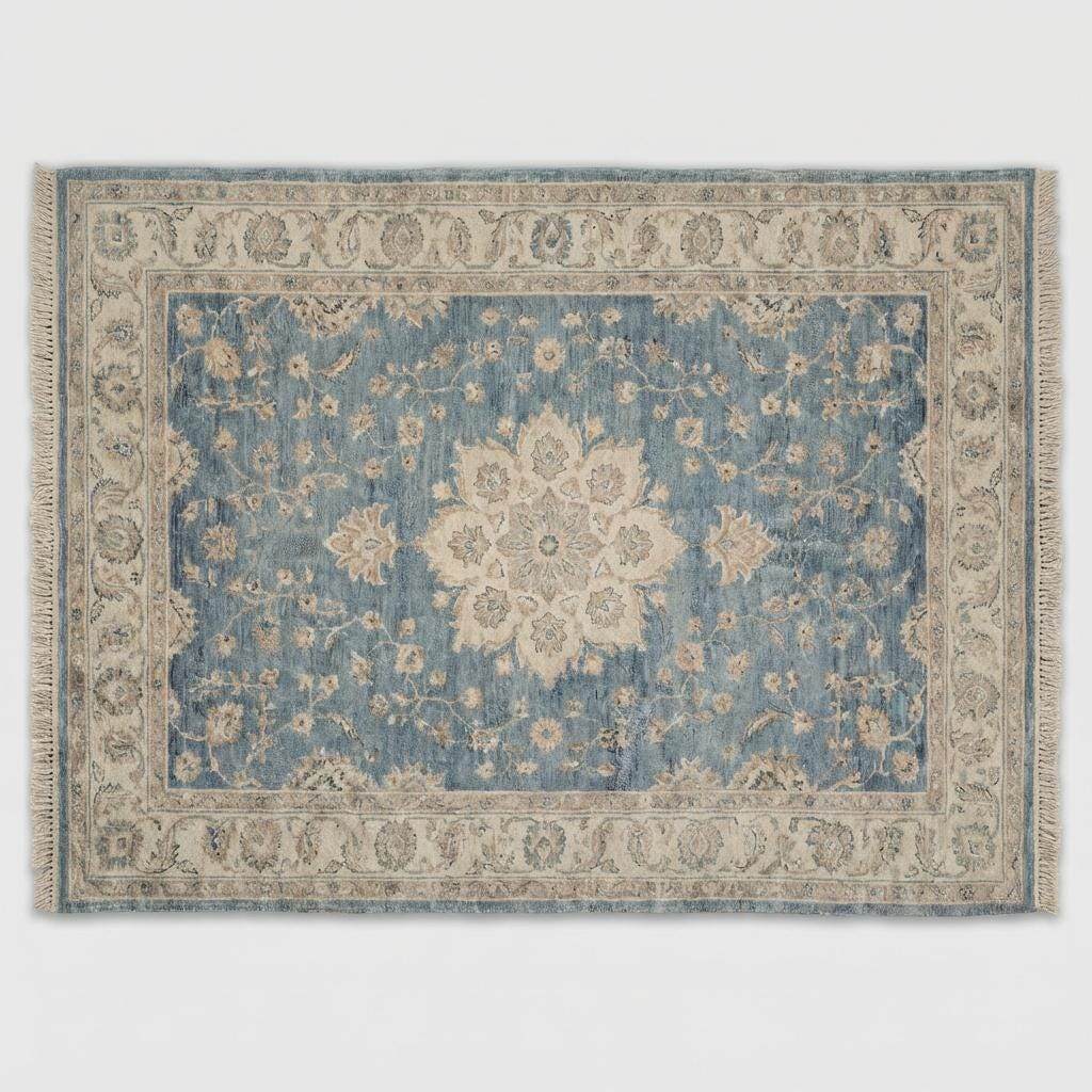 Hand knotted Turkish style rug with soft blue field and neutral detailing