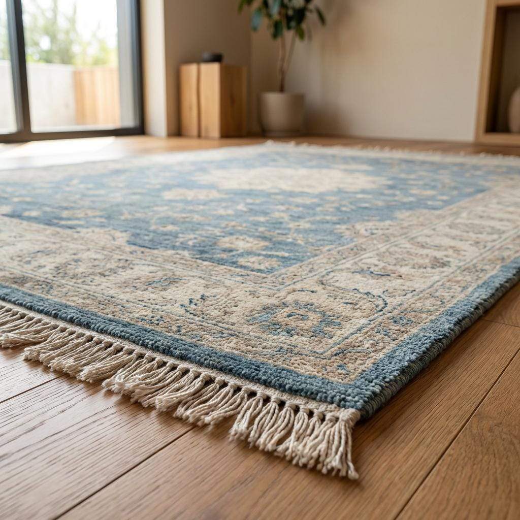 Living room styled with a blue hand knotted wool rug and neutral furniture