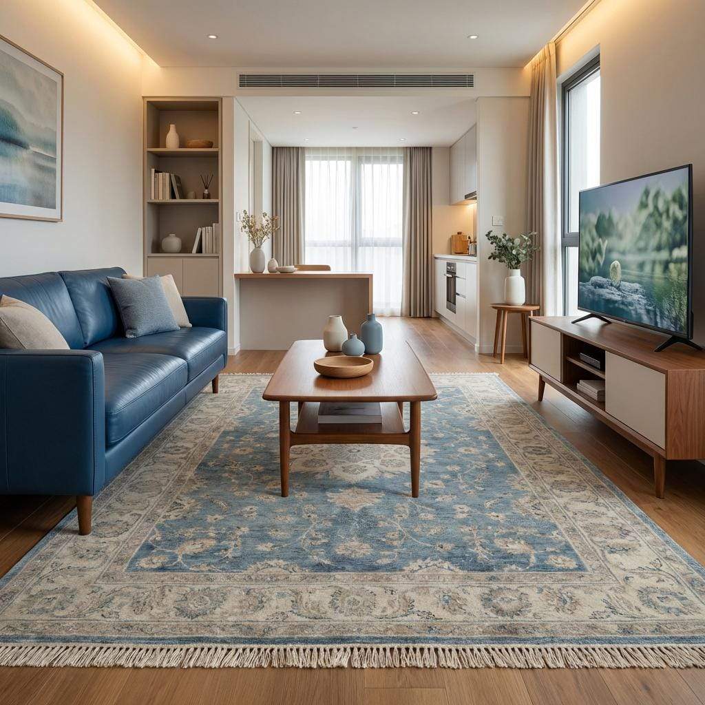 Hand Knotted Blue Oushak Wool Area Rug for Living Room
