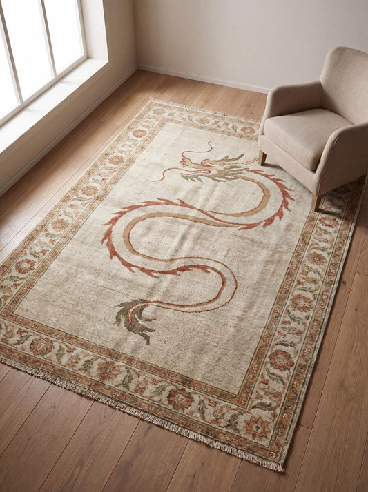 Hand-knotted dragon rug in neutral ivory tones styled in a minimalist living room with floral border details __etsy:8110165107