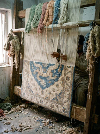 Hand Knotted Dragon Rug, Oriental Blue Beige Carpet, Chinese Style Area Rug for Living Room Decor __etsy:8110153127