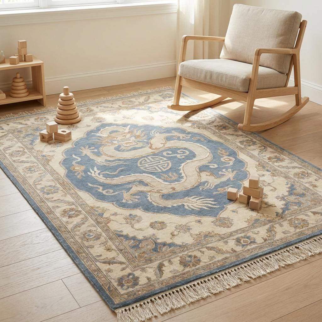 Hand Knotted Dragon Rug, Oriental Blue Beige Carpet, Chinese Style Area Rug for Living Room Decor __etsy:8062238348