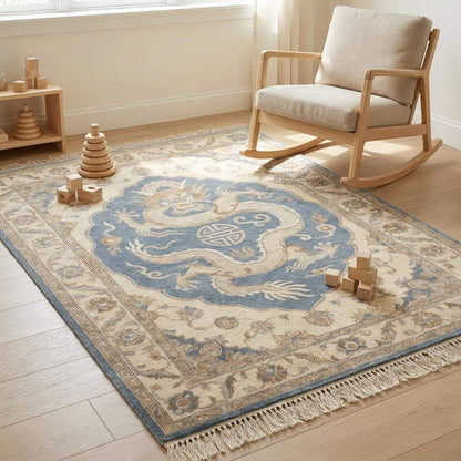 Hand Knotted Dragon Rug, Oriental Blue Beige Carpet, Chinese Style Area Rug for Living Room Decor __etsy:8062238348