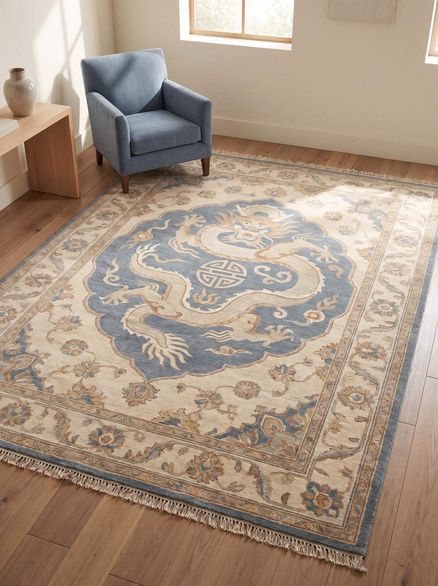 Hand-knotted Oriental dragon rug in beige and blue wool with floral border for traditional living room decor __etsy:8110153037
