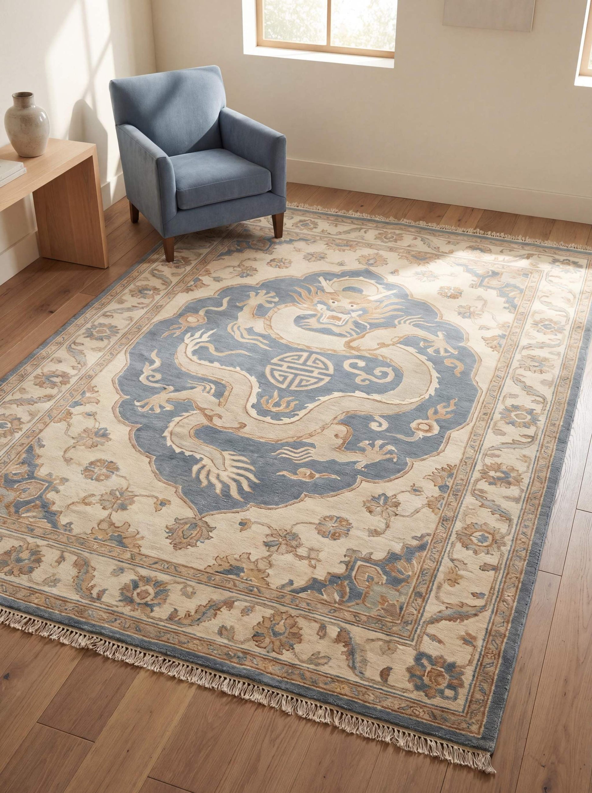 Hand-knotted Oriental dragon rug in beige and blue wool with floral border for traditional living room decor __etsy:8110153037