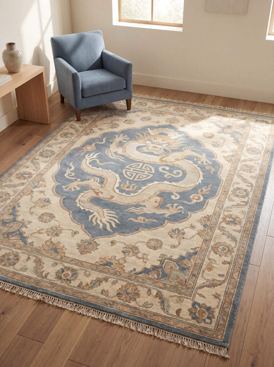 Hand-knotted Oriental dragon rug in beige and blue wool with floral border for traditional living room decor __etsy:8110153037