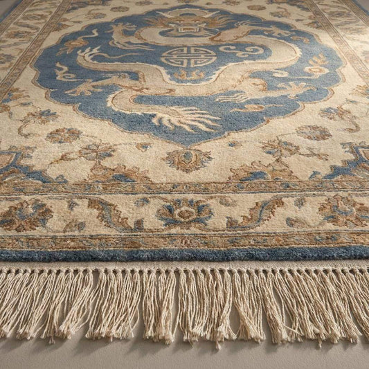Hand knotted dragon rug in Oriental blue and beige with floral border, traditional Chinese style carpet for living room decor