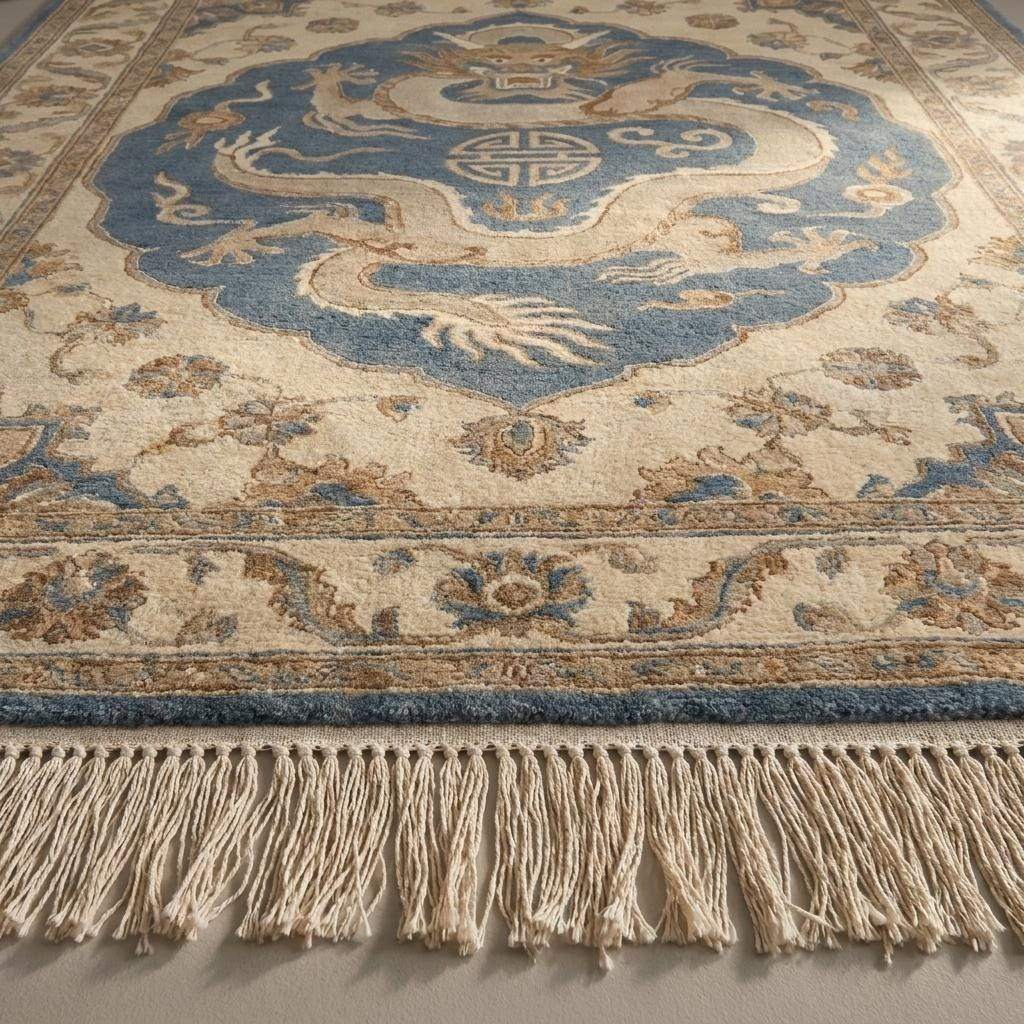 Close-up of hand-knotted wool rug texture showing dense low pile construction, detailed dragon motif, and artisan craftsmanship __etsy:8110153157