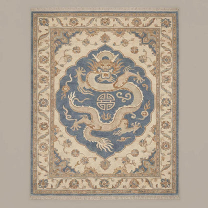 Traditional Chinese dragon area carpet with vintage floral border in soft neutral blue and ivory tones __etsy:8110153117
