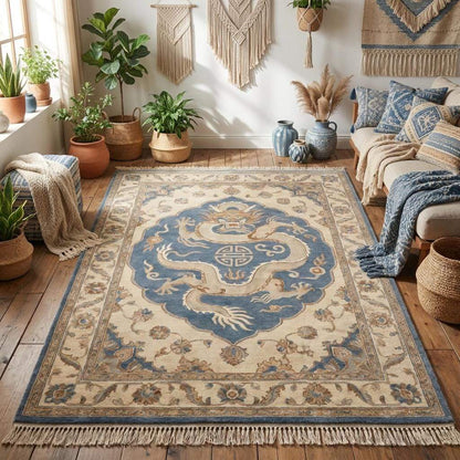 Luxury hand-knotted wool carpet featuring Asian-inspired dragon artwork and muted neutral palette __etsy:8110153121