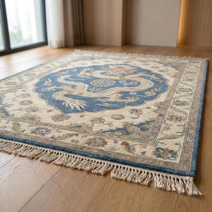 Vintage style Oriental rug with elegant blue medallion dragon design for classic and transitional interiors __etsy:8110153125