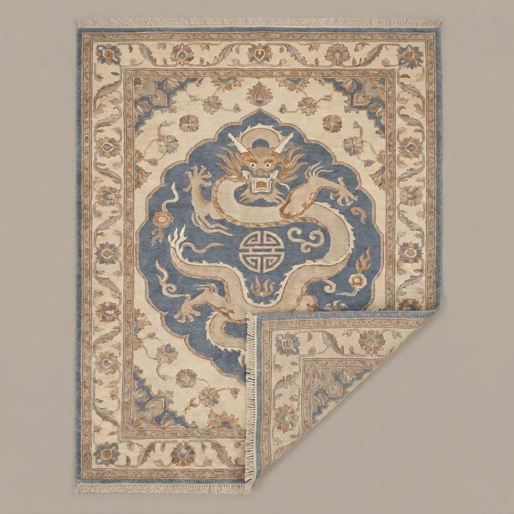 Hand Knotted Dragon Rug, Oriental Blue Beige Carpet, Chinese Style Area Rug for Living Room Decor __etsy:8062238352