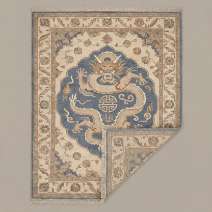 Hand Knotted Dragon Rug, Oriental Blue Beige Carpet, Chinese Style Area Rug for Living Room Decor __etsy:8062238352