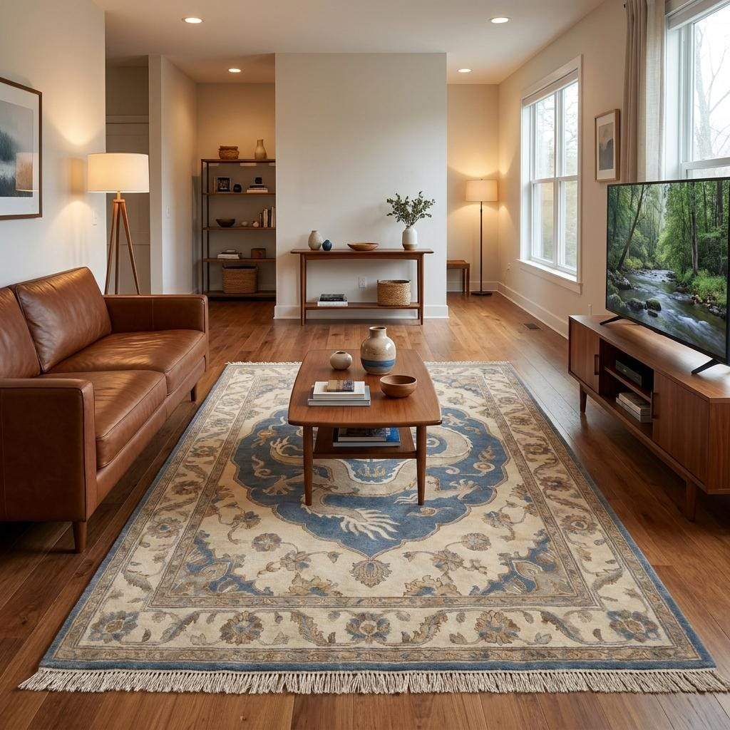 Neutral handmade wool rug with traditional Chinese dragon pattern styled for sophisticated home decor spaces __etsy:8062238328
