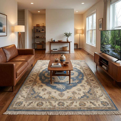 Neutral handmade wool rug with traditional Chinese dragon pattern styled for sophisticated home decor spaces __etsy:8062238328