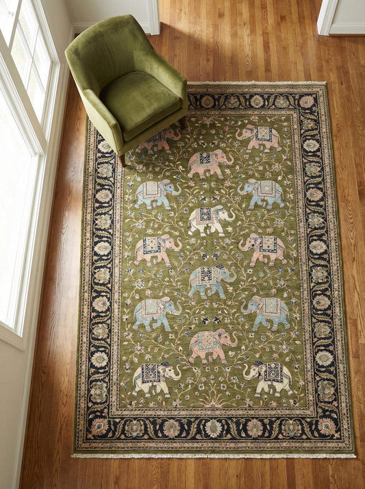 Hand knotted elephant Persian rug with wool pile and intricate floral design for living room decor