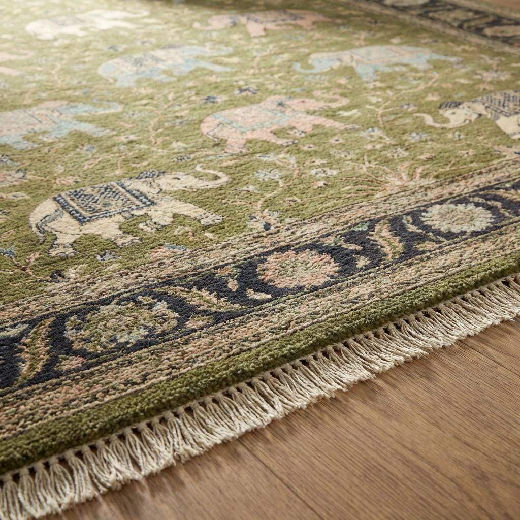 Close-up of hand knotted wool pile showing dense knot structure and fine elephant motif detailing