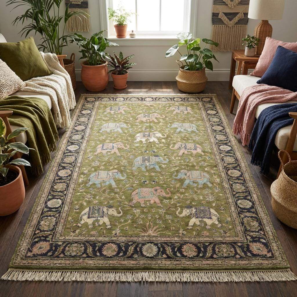 Olive green Persian style wool rug styled in living room setting