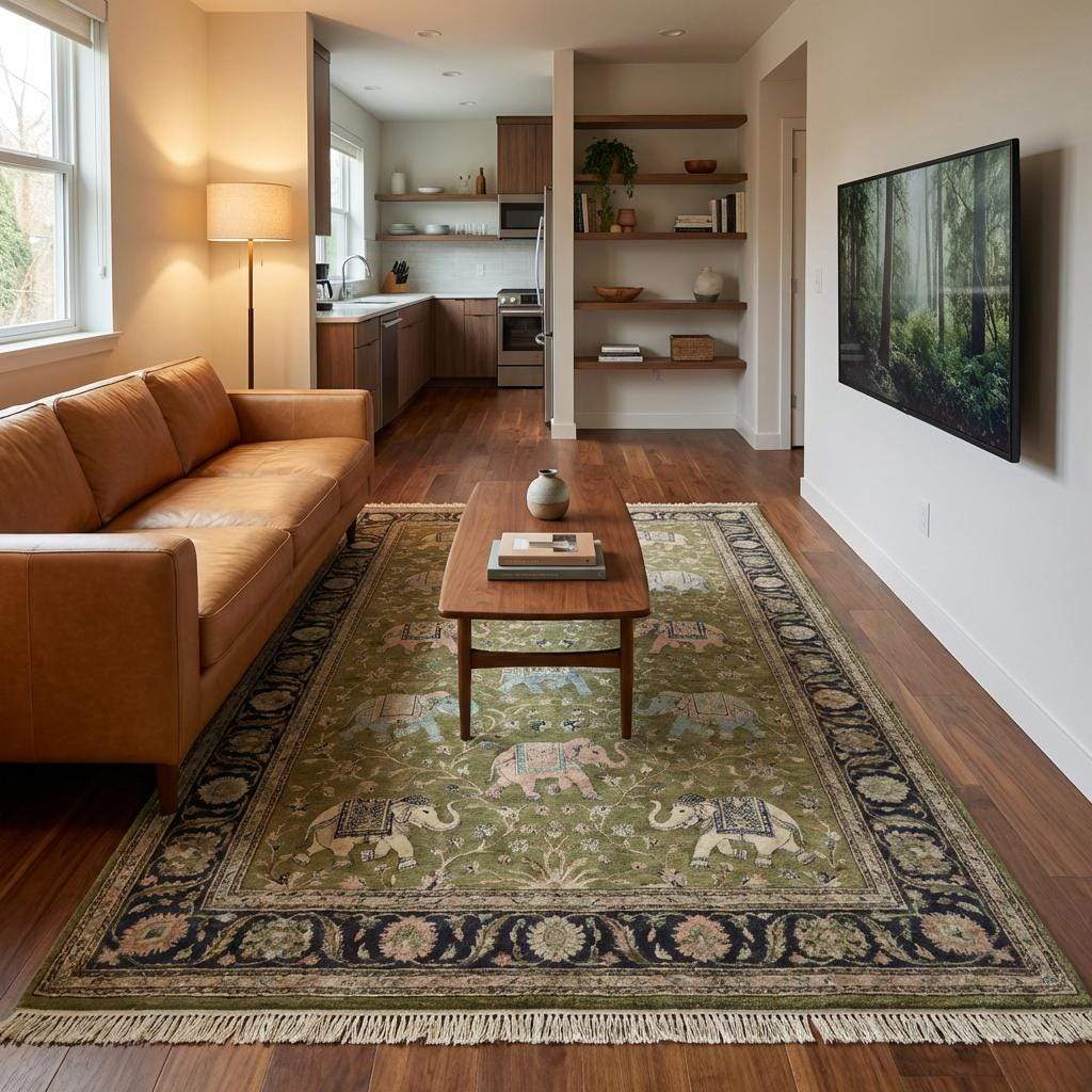 Artisan handmade hand knotted animal motif rug with floral vine background