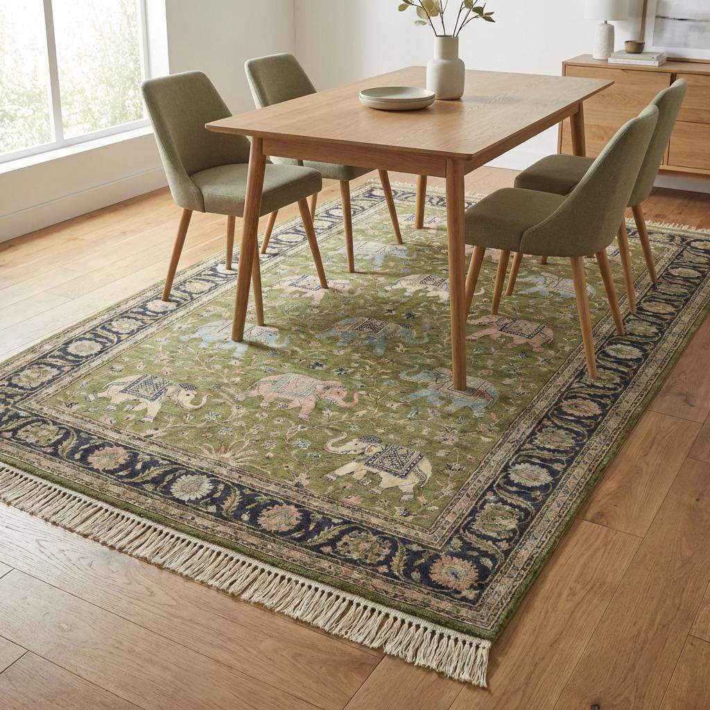 Rectangular hand knotted statement rug for traditional home décor
