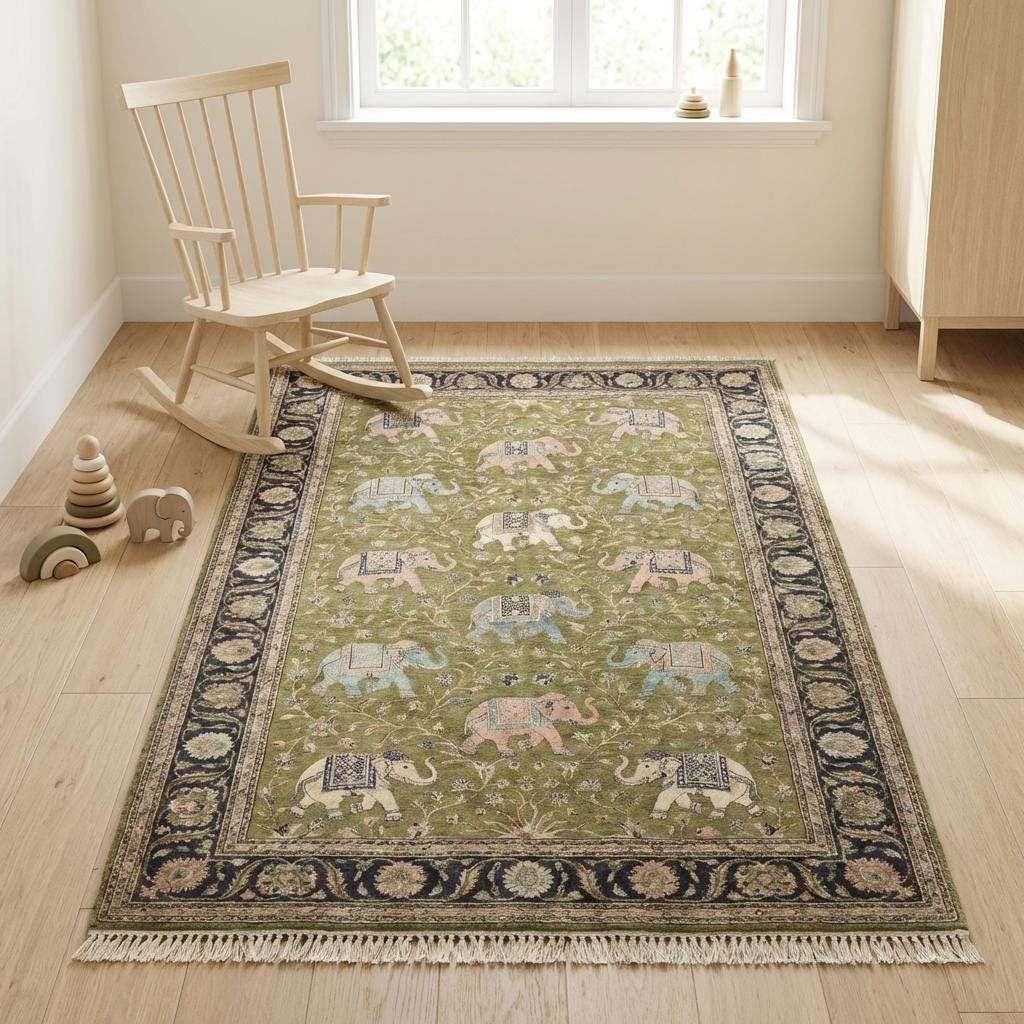 Hand Knotted Elephant Persian Area Rug for Living Room