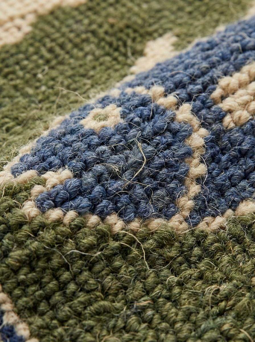 Hand knotted fish runner rug with coastal fish motifs and floral border in olive green and navy wool for beach house decor